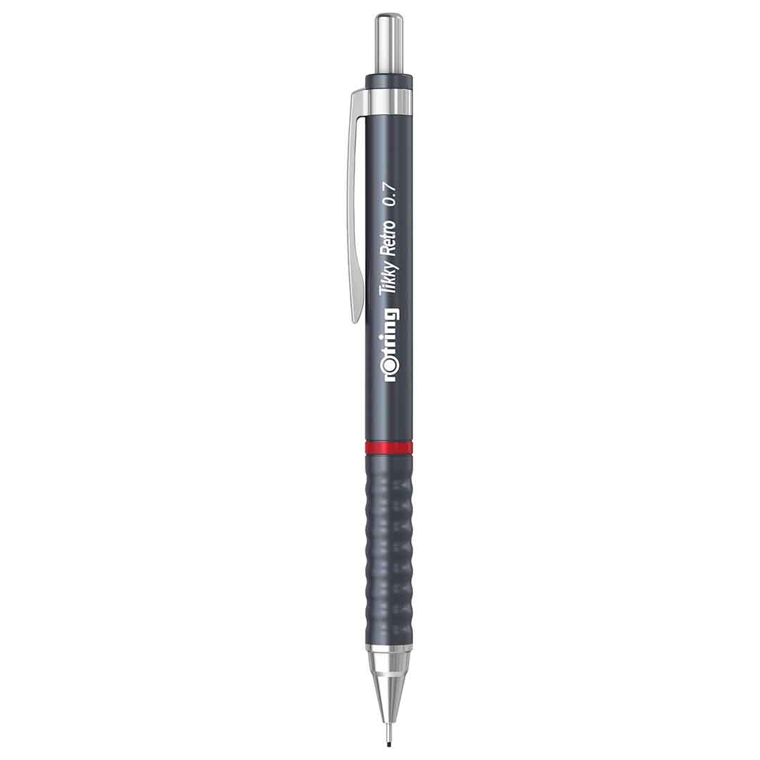 Rotring | 0.7mm | Metallic Grey Clutch Lead | Mechanical Pencil | Tikky Retro | 2B Lead | Eraser Inbuilt