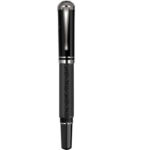 Moonman P138 Piston Fountain Pen Extra Fine Nib with Box, Classic Black Octahedral Etching Pattern Writing Pen Set (Round Pen Cap Version)