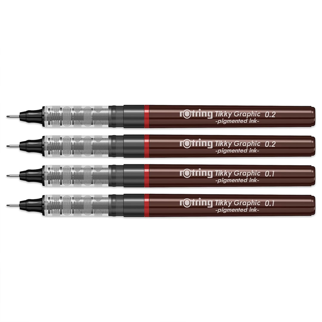 Rotring Tikky Graphic Pigment Liner 0.1mm & 0.2mm Pens - 2 Each With Black Pigmented Ink, Fibre Tip, 4 Pen Set for Art Drawings Mandala Calligraphy Outline Art & Craft