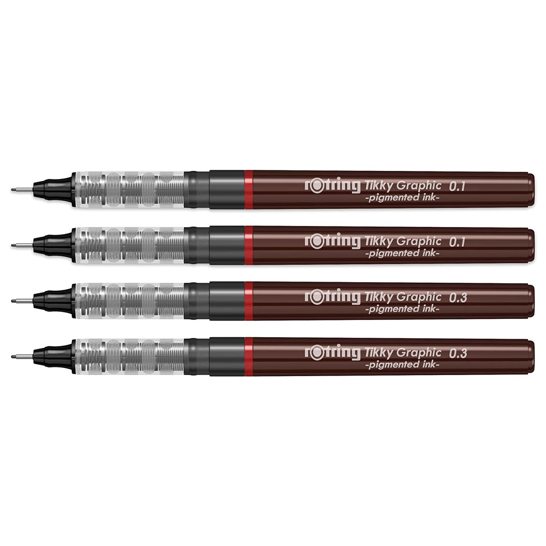 Rotring Tikky Graphic Pigment Liner 0.1mm & 0.3mm Pens - 2 Each With Black Pigmented Ink, Fibre Tip, 4 Pen Set for Art Drawings Mandala Calligraphy Outline Art & Craft