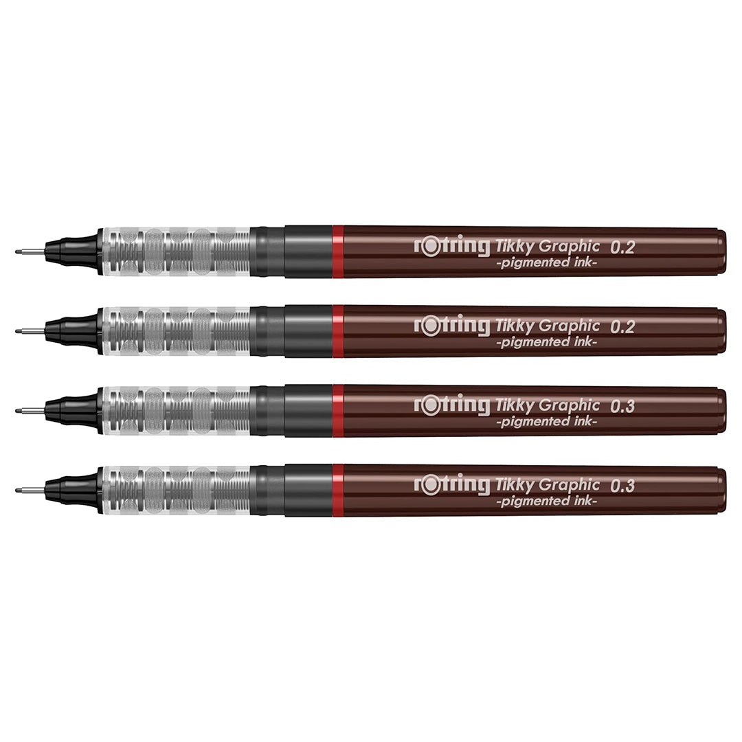 Rotring Tikky Graphic Pigment Liner 0.2mm & 0.3mm Pens - 2 Each With Black Pigmented Ink, Fibre Tip, 4 Pen Set for Art Drawings Mandala Calligraphy Outline Art & Craft