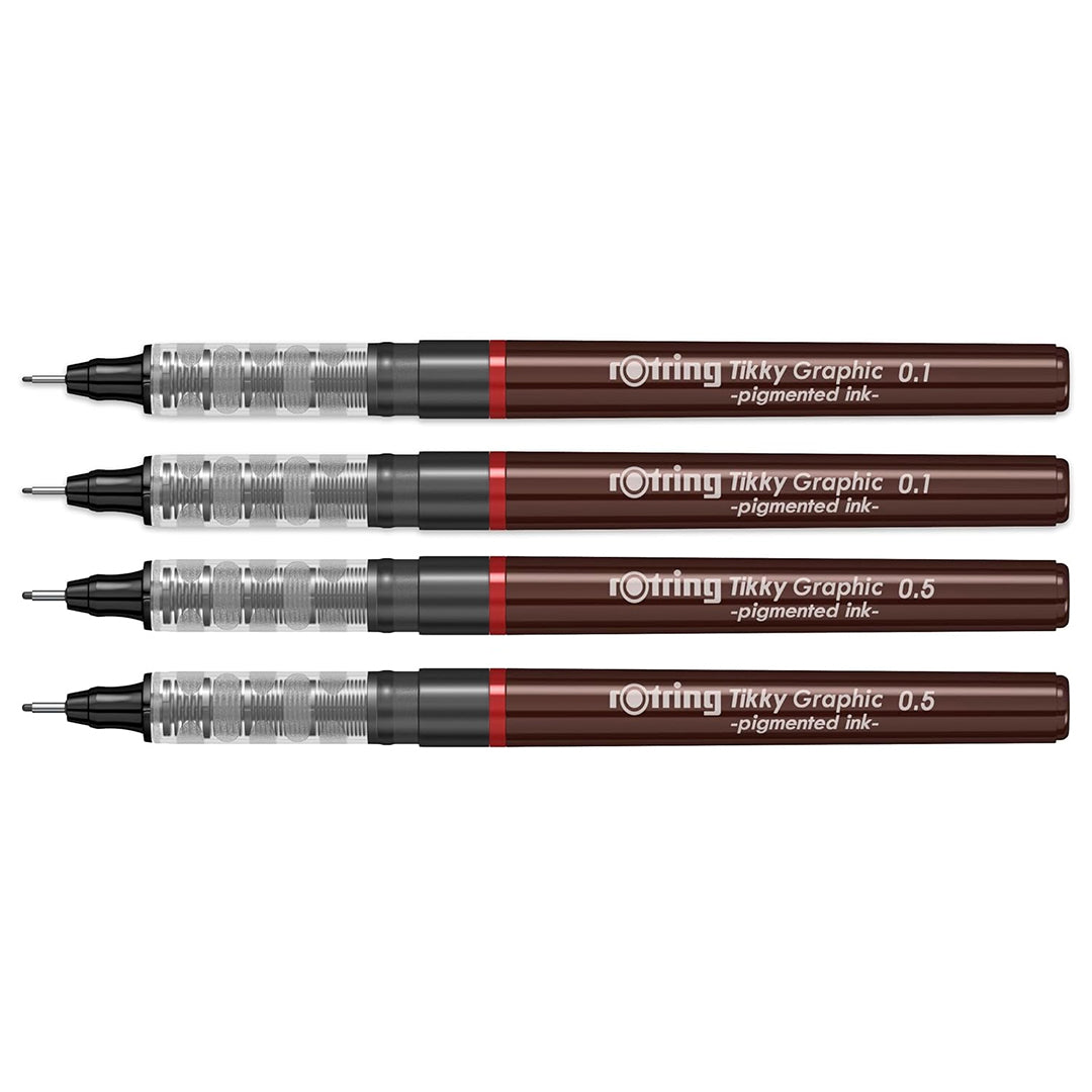Rotring Tikky Graphic Pigment Liner 0.1mm & 0.5mm Pens - 2 Each With Black Pigmented Ink, Fibre Tip, 4 Pen Set for Art Drawings Mandala Calligraphy Outline Art & Craft