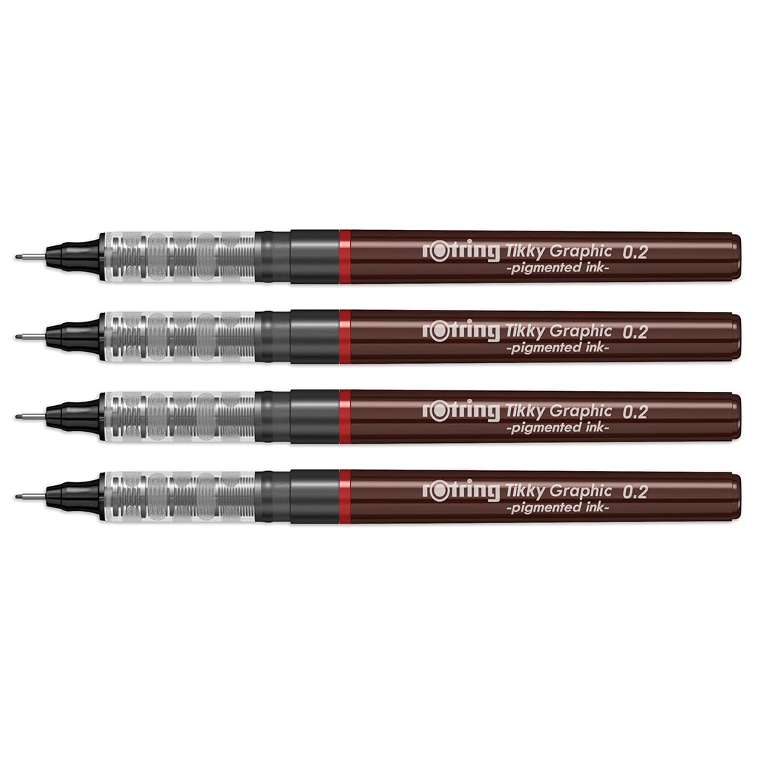 Rotring 0.2mm Line Thickness Tikky Graphic Fineliner with Black Pigmented Lightfast And Water Resistant Ink For Long Life Drawings, Sketching, Non-Refillable, 4 Pen Set