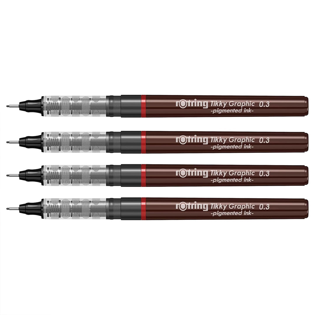 Rotring 0.3mm Line Thickness Tikky Graphic Fineliner with Black Pigmented Lightfast And Water Resistant Ink For Long Life Drawings, Sketching, Non-Refillable, 4 Pen Set