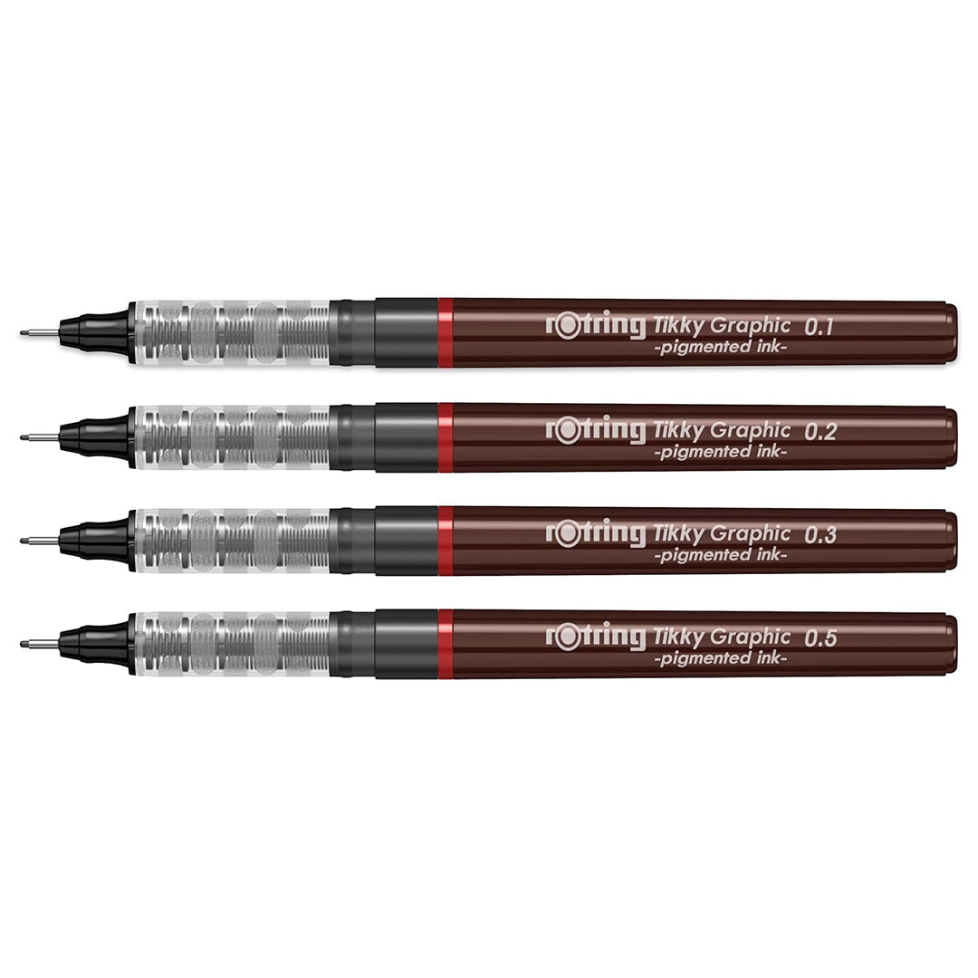 Rotring 0.5mm Line Thickness Tikky Graphic Fineliner with Black Pigmented Lightfast And Water Resistant Ink For Long Life Drawings, Sketching, Non-Refillable, 4 Pen Set