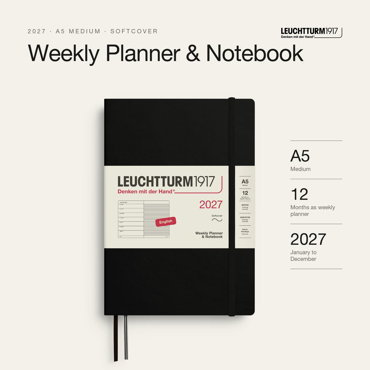 Leuchtturm1917 2027 Weekly Planner & Notebook A5 Softcover - Black