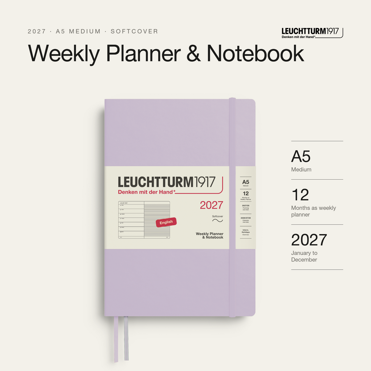 Leuchtturm1917 2027 Weekly Planner & Notebook A5 Softcover - Lilac