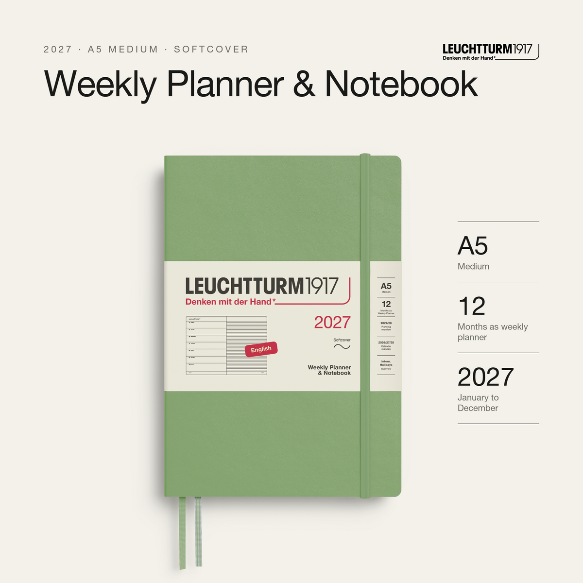 LEUCHTTURM1917 2027 Softcover Weekly Planner & Notebook Medium (A5) - Sage