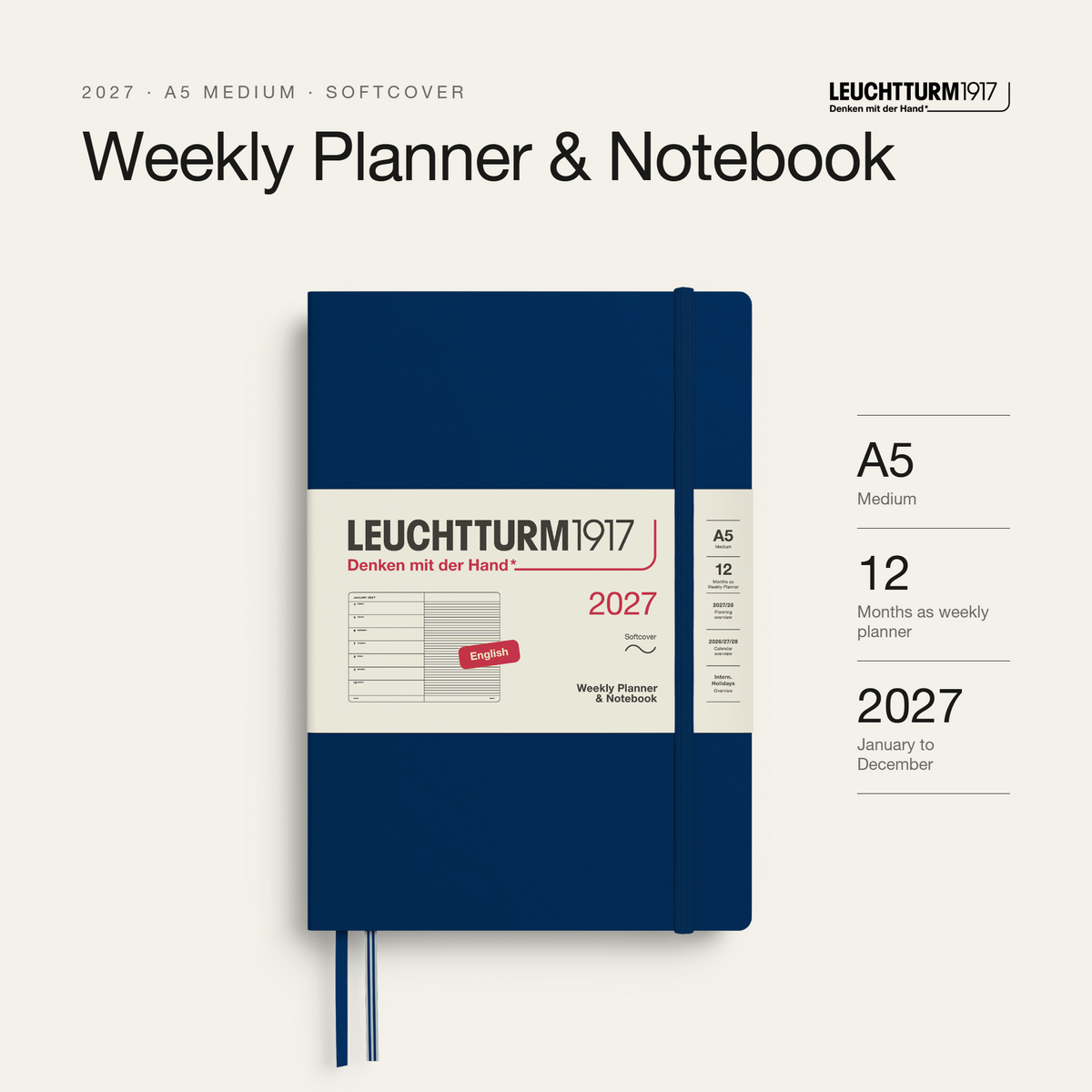 Leuchtturm1917 2027 Weekly Planner & Notebook A5 Softcover - Navy