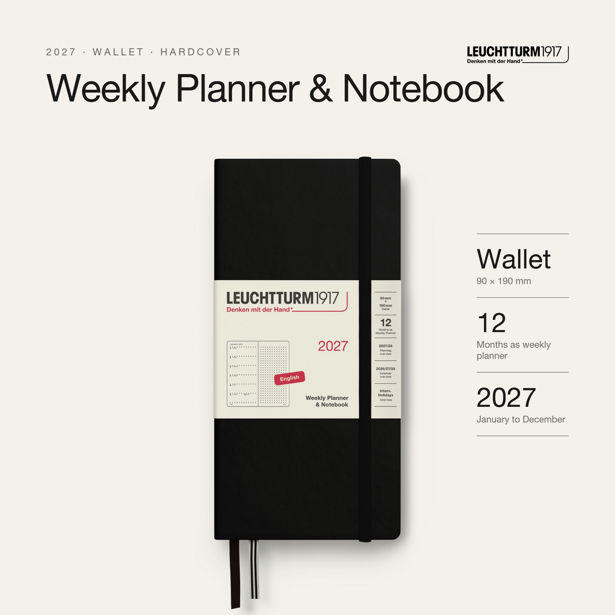 LEUCHTTURM1917 2027 Hardcover Weekly Planner & Notebook Wallet (B6+ x A6), Dotted - Black