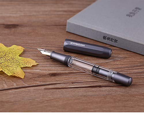 Moonman T1 Piston Fountain Pen 0.6 mm Fine Nib, Gray Aluminium Transparent Acrylic Large Ink Capacity Writing Pen Box