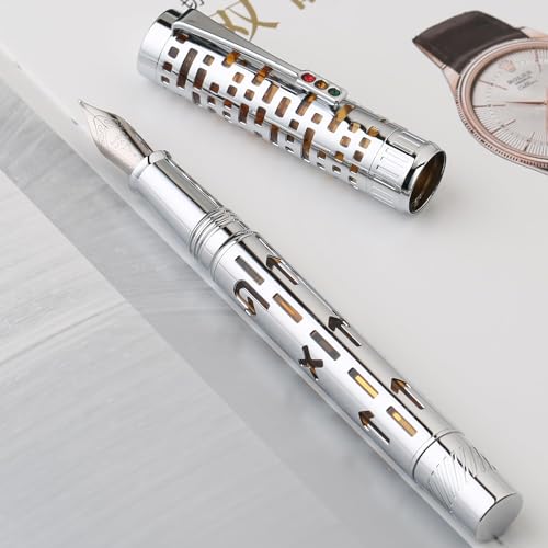 Moonman T6 City Lights Piston Filling Medium Nib Silver Skeleton Orange Acrylic Fountain Ink Pen