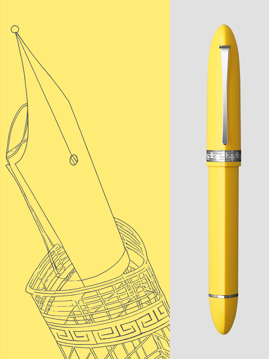 Moonman V60 Triangular Piston Fountain Pen – Ergonomic Fine Writing Instrument with Resin Body And Gift Box (Yellow With Silver Trim & Clip)