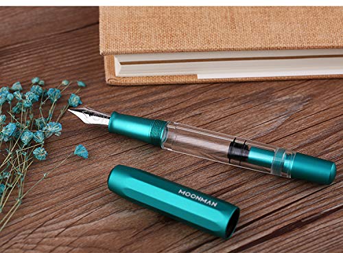 Moonman T1 Piston 0.6 MM Fountain Pen Fine, Blue Aluminium Transparent Acrylic Large Ink Capacity Writing Pen Box Set