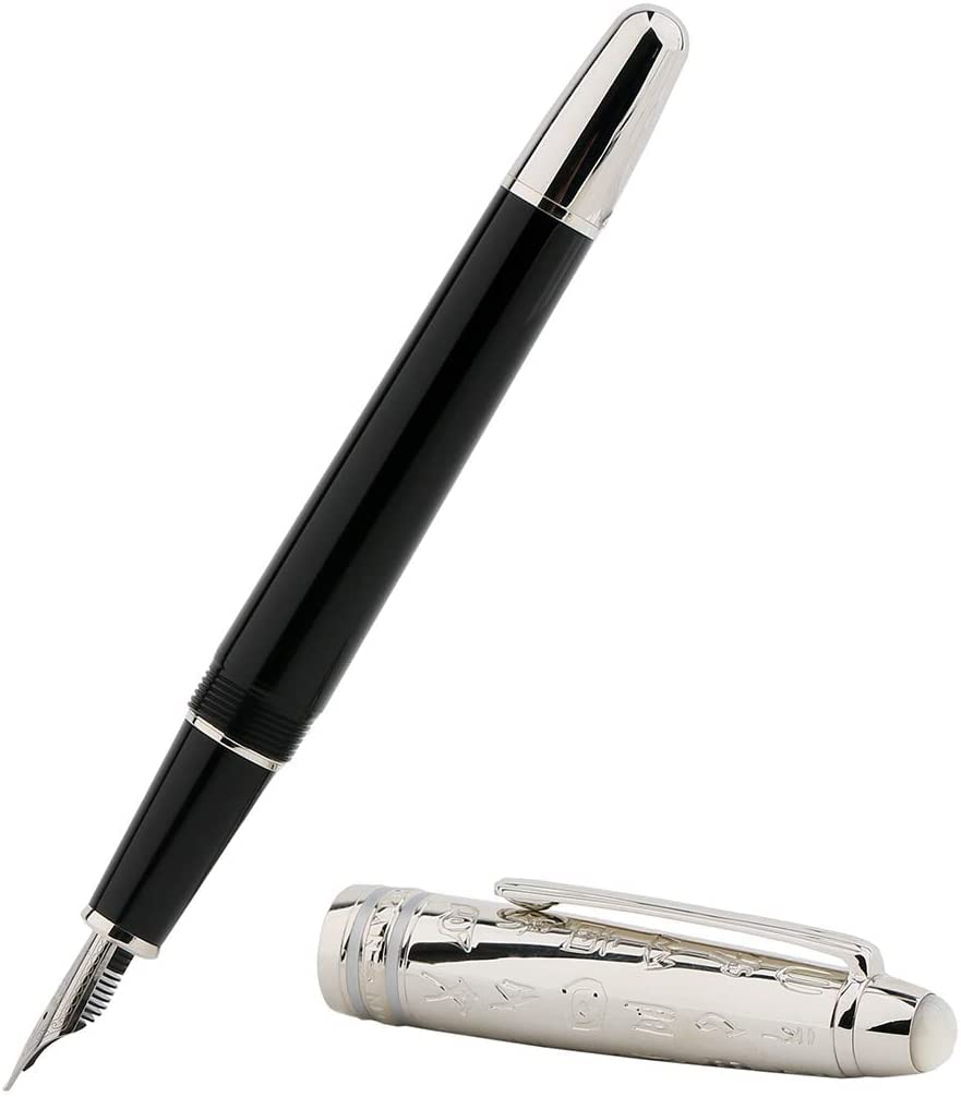 Moonman P135 Red Resin Fountain Pen Small Bent Nib, Beautiful Desert Eagle Metal Pen Cap Pearl Top (Black)