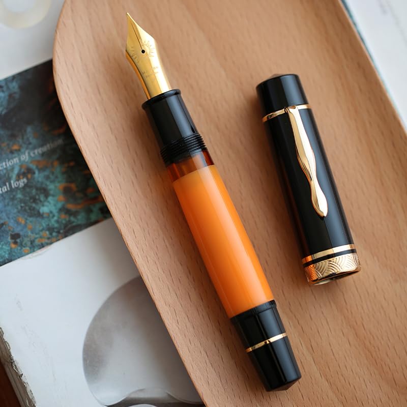 Moonman P139 Sun Carved Fountain Pen – Size 8 Nib, Brass Piston System, Large-Capacity Resin Body (Orange & Black)