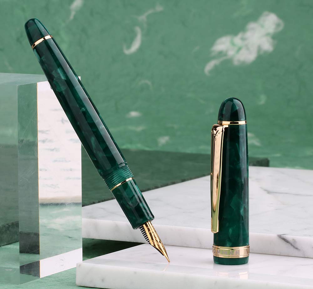 Moonman S3 Fountain Pen, Iridium Fine Nib, Gold Trim and Clip, Green Marble