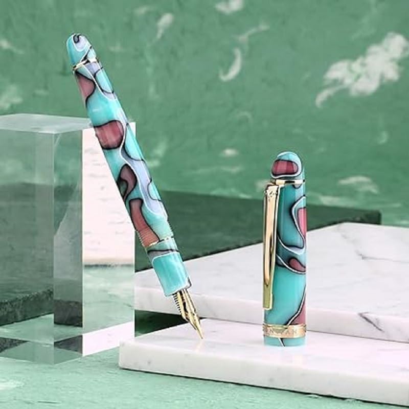 Moonman S3 Fountain Pen, Iridium Fine Nib Gold Trim And Clip, ( Lake Blue Celluloid ) with Box