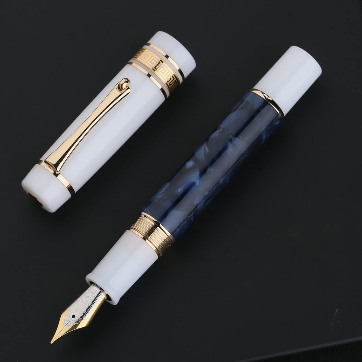 Moonman M400 Acrylic Writing Office Extra Fine Nib Fountain Pen Gold Clip(Dark Blue & White,0.38MM)