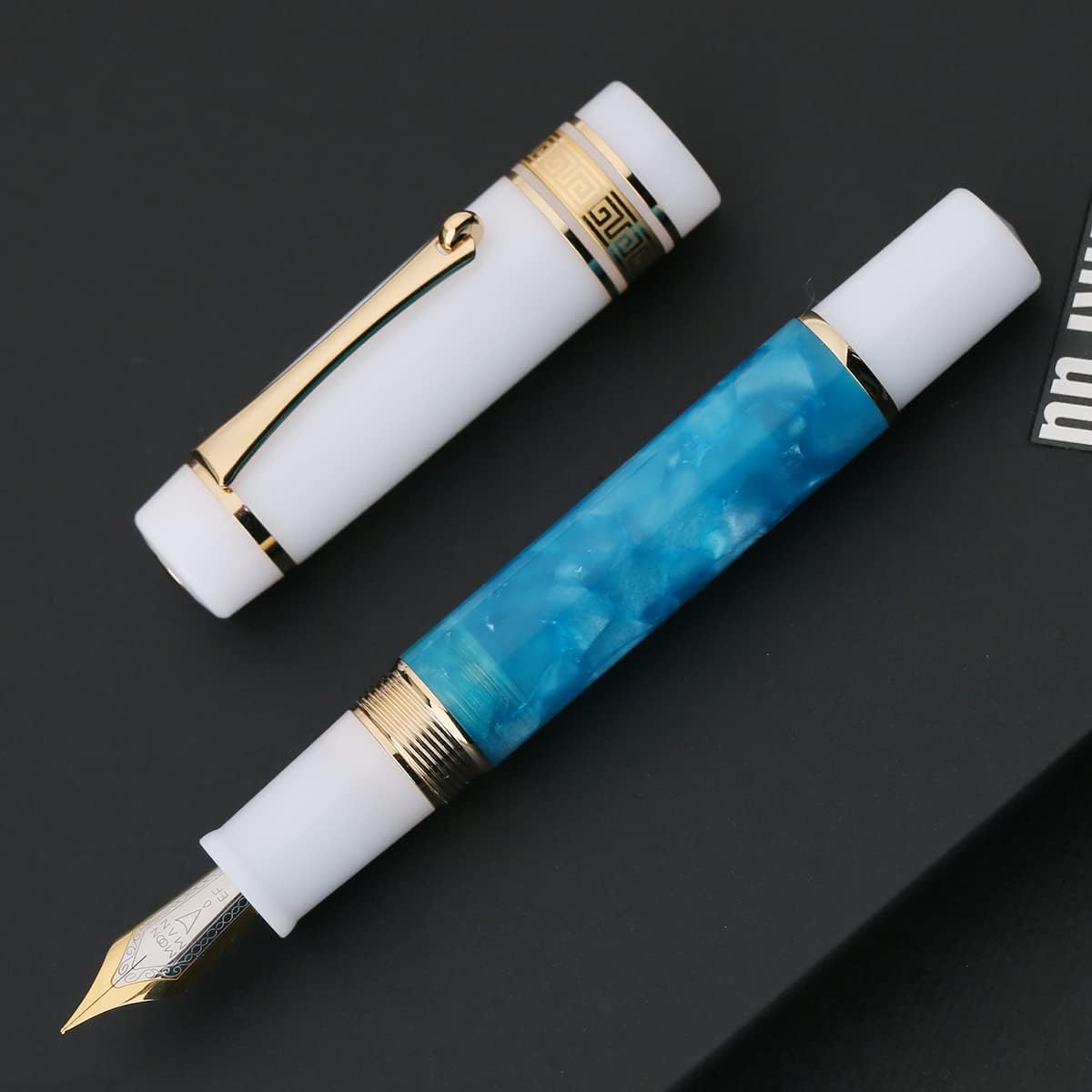 Moonman M400 Acrylic Writing Office Extra Fine Nib Fountain Pen Gold Clip(Dark Blue & White,0.38MM)