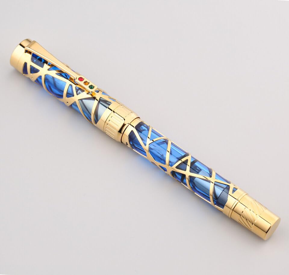 Moonman T6 Fountain Pen – Art Center Skeleton Design, Piston Filling, Medium Nib, Acrylic Silver Trim (Blue Sky Gold)