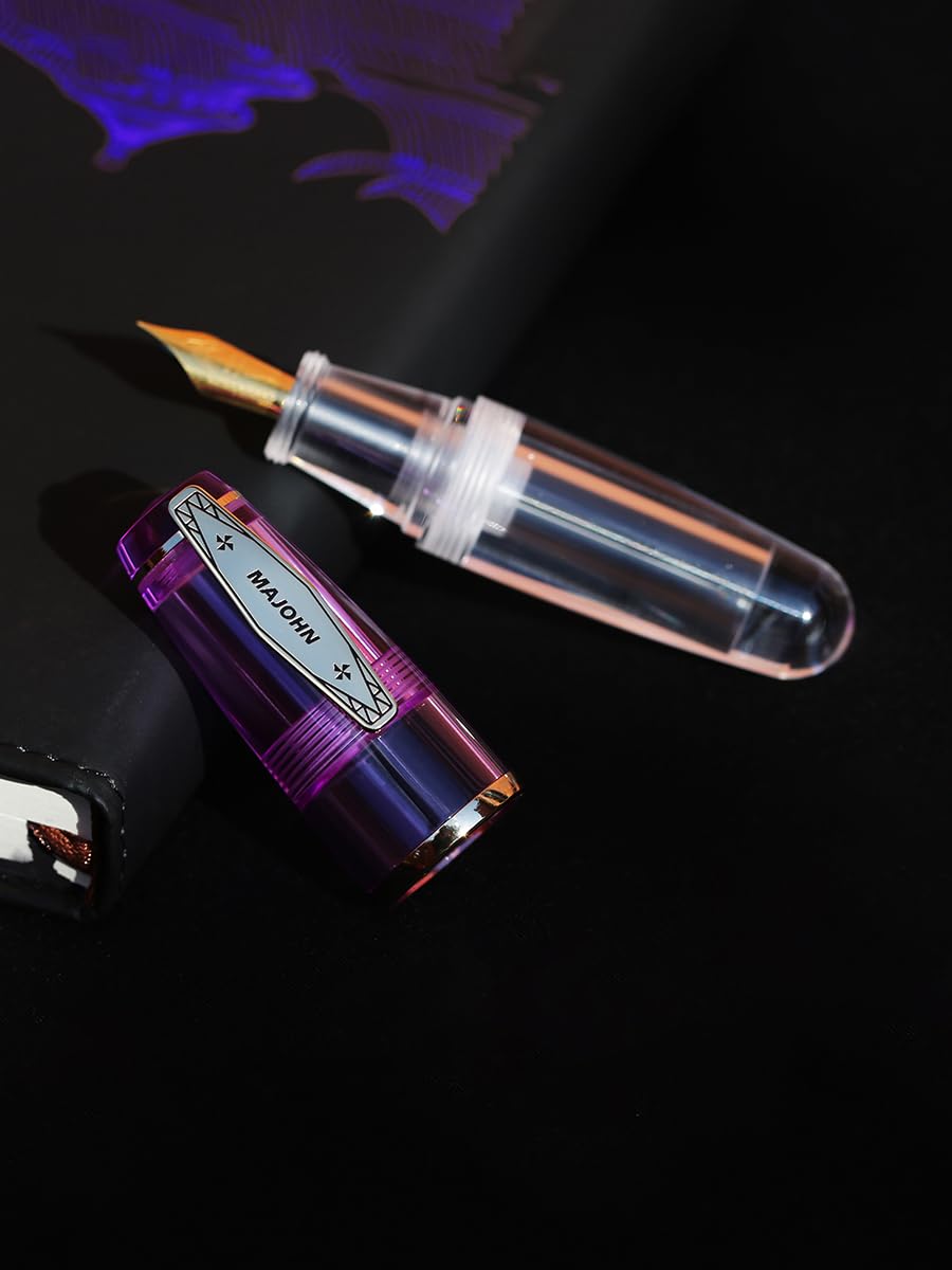 MAJOHN Q3 Mini Eyedropper Fountain Pen, Transparent Resin Short Pocket Pen, Iridium Fine Nib Large Capacity Writing Pen Case Set (Purple)