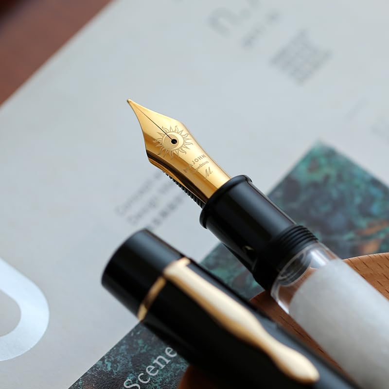 Moonman P139 Sun Carved Fountain Pen – Size 8 Nib, Brass Piston System, Large Capacity Resin (White & Black)