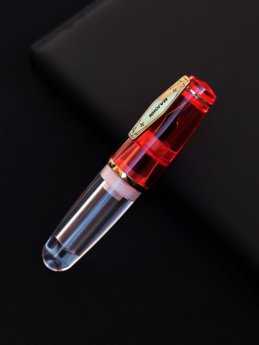 MAJOHN Q3 Mini Eyedropper Fountain Pen, Transparent Resin Short Pocket Pen, Iridium Fine Nib Large Capacity Writing Pen Case Set (Red)