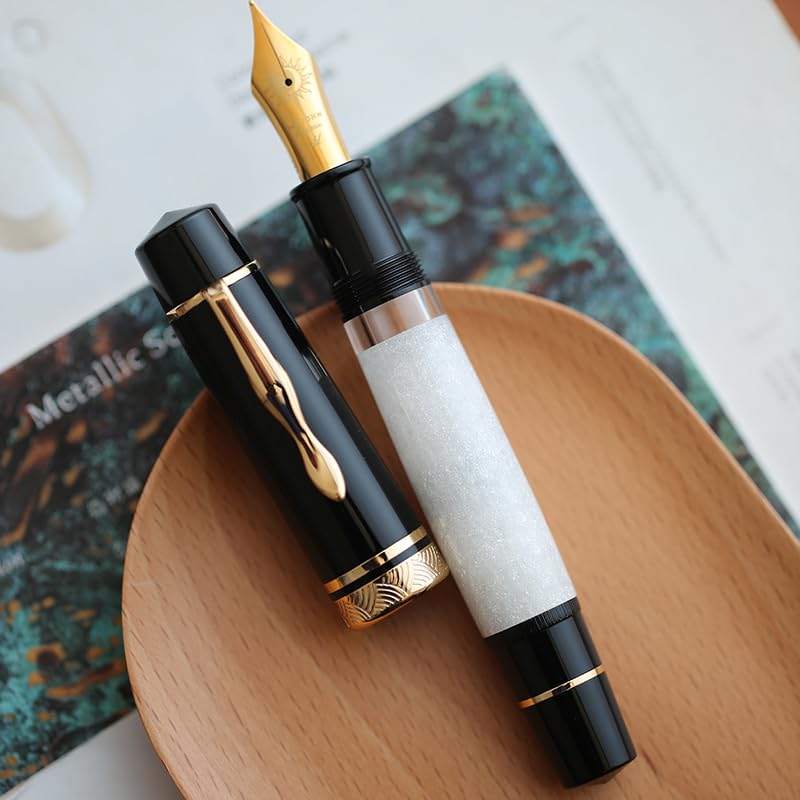 Moonman P139 Sun Carved Fountain Pen – Size 8 Nib, Brass Piston System, Large Capacity Resin (White & Black)