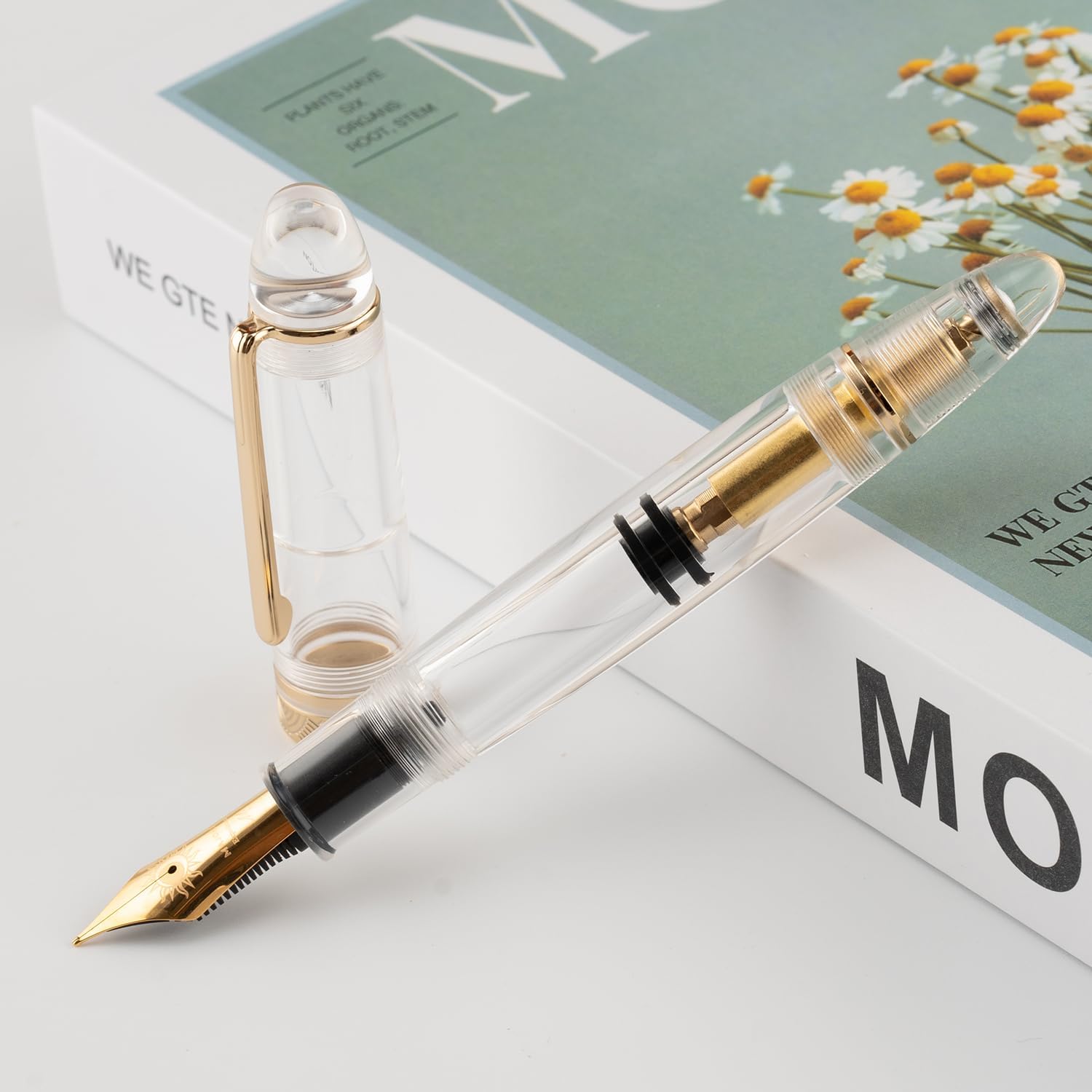 Moonman P140 Piston Fountain Pen, Size 8 Nib Transparent Acrylic Pen Office Writing Gift