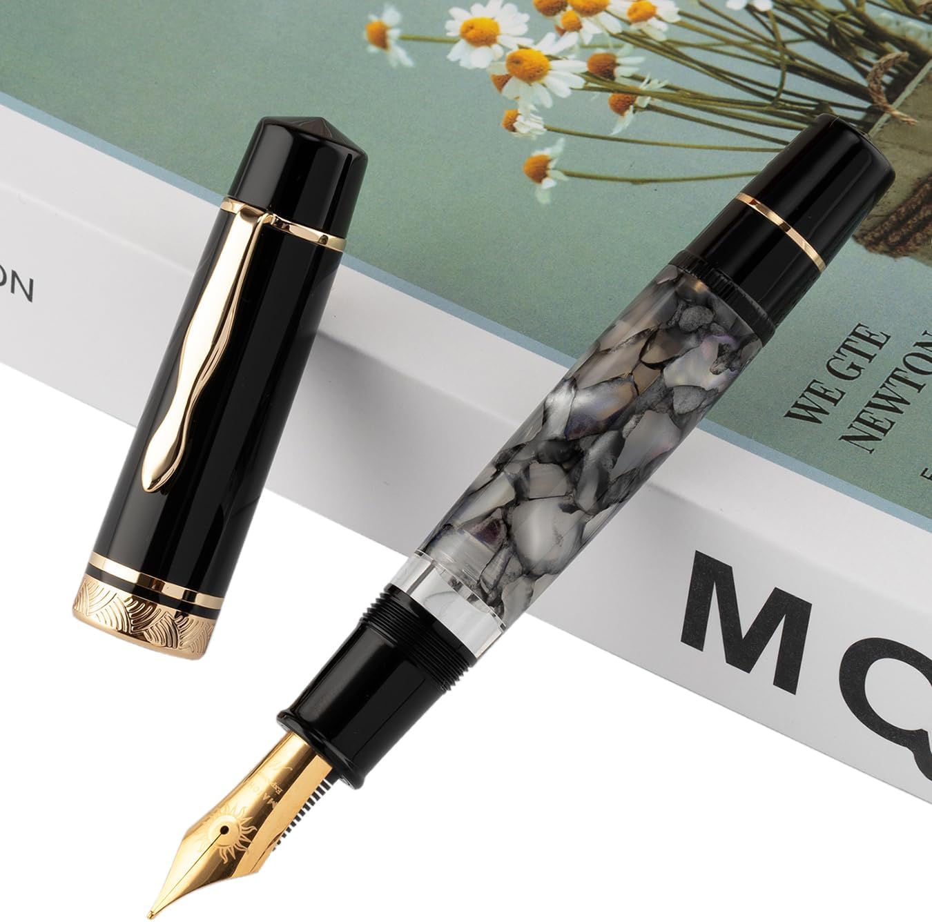Moonman P139 Piston Fountain Pen No.8 – Fine & Medium Nibs with Box, Gray Marble Acrylic, Large Capacity