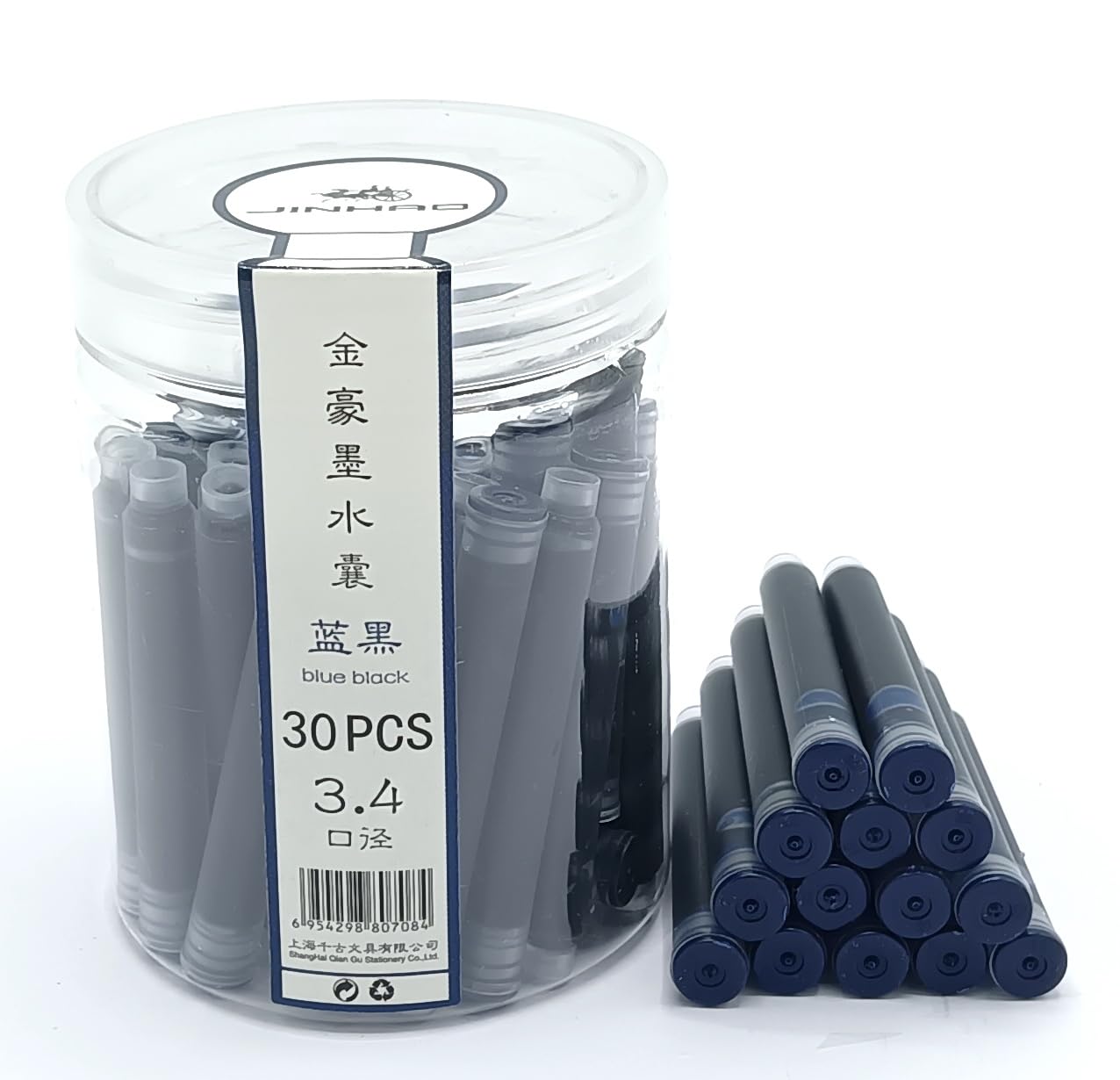 Jinhao Fountain Pen Ink Cartridges Refills, Disposable and Universal – 3.4mm Bore Diameter 30Pcs Ink Cartridges Jar for School, Student, and Office (Blue Black)