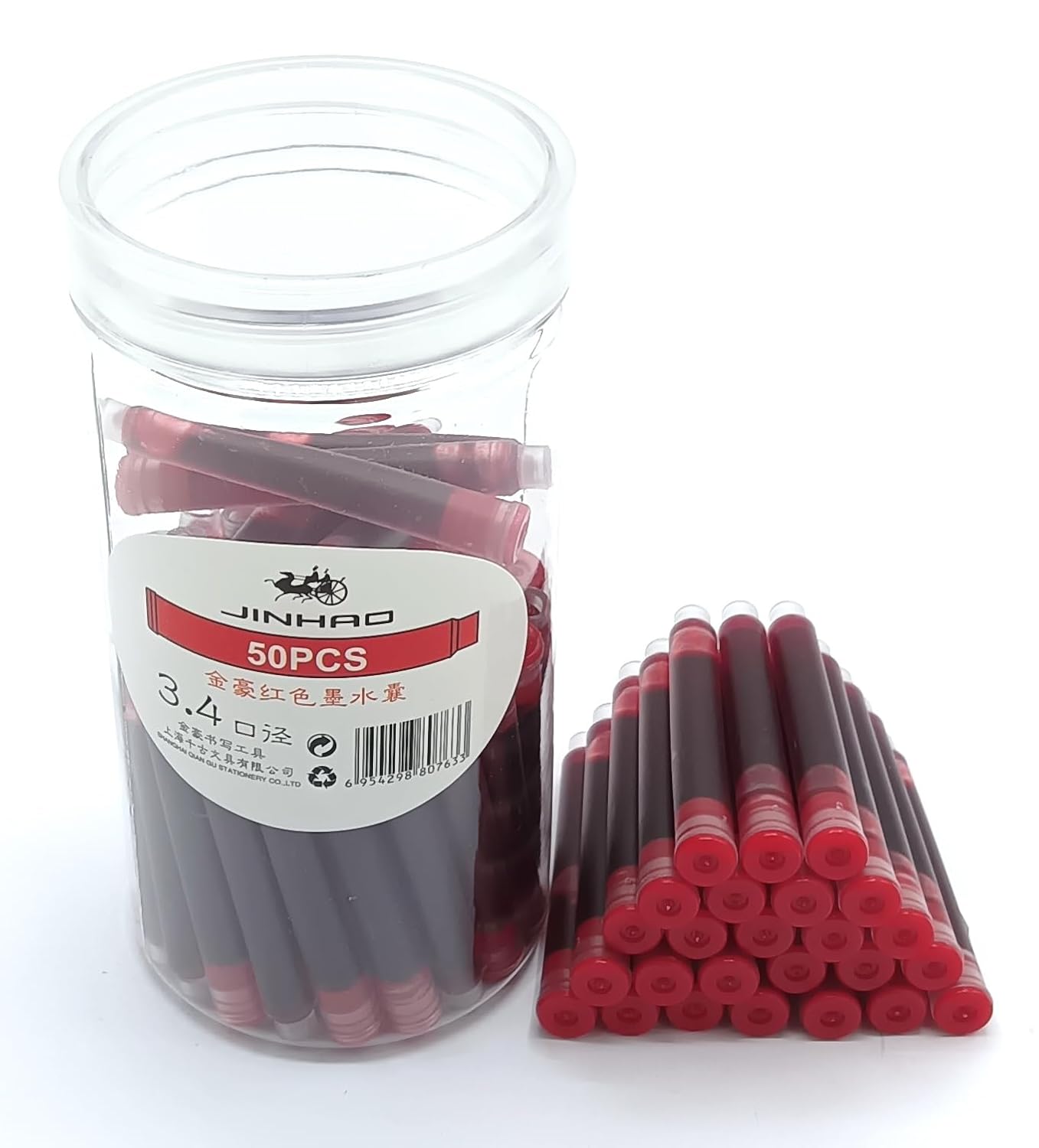 Jinhao Ink Cartridges Refills, Disposable and Universal – 3.4mm Bore Diameter 50Pcs Ink Cartridges Jar for School, Student, and Office (Red)