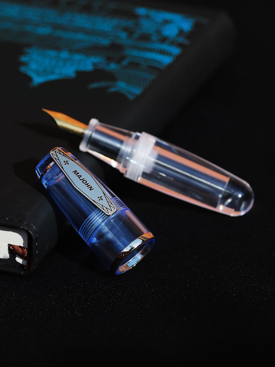 MAJOHN Q3 Mini Eyedropper Fountain Pen, Transparent Resin Short Pocket Pen, Iridium Fine Nib Large Capacity Writing Pen Case Set (Blue)