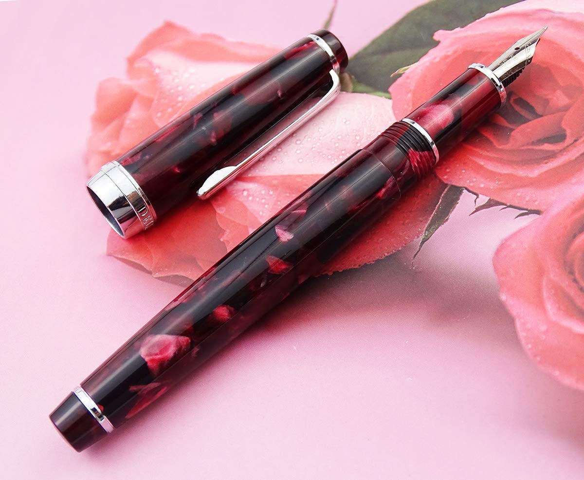 Delike | Fountain Pen | Fine | Burgundy Marble Celluloid with Converter and Gift Box Set