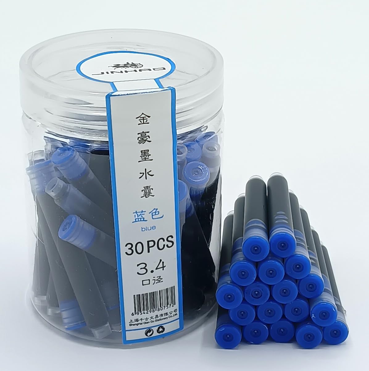 Jinhao Fountain Pen Ink Cartridges Refills, Disposable and Universal – 3.4mm Bore Diameter 30Pcs Ink Cartridges Jar for School, Student, and Office (Blue)