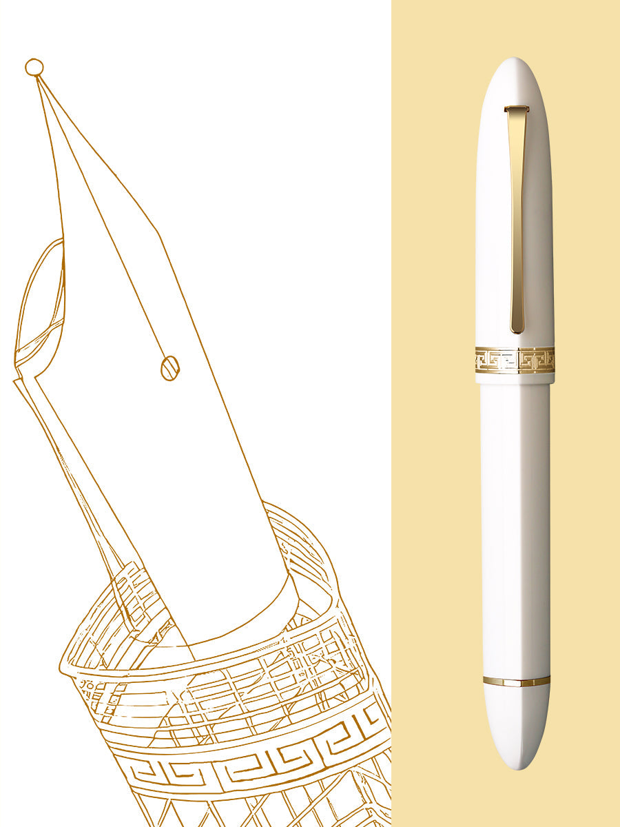 Moonman V60 Triangular Piston Fountain Pen – Ergonomic Fine Writing Instrument with Resin Body And Gift Box (White With Gold Trim & Clip)
