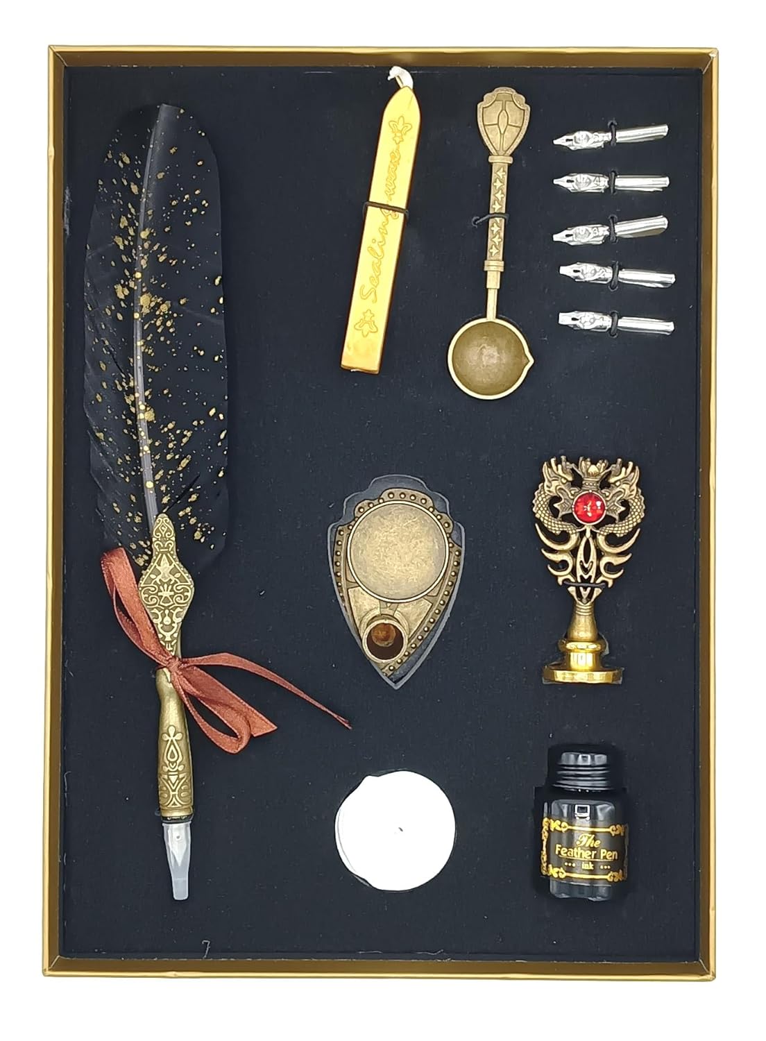 Feather Calligraphy Pen Ink Set – Quill Dip Pen with 5 Nibs, Ink, Wax Seal Stamp Kit & Gift Box (Available in Maroon, Green, Black & White)