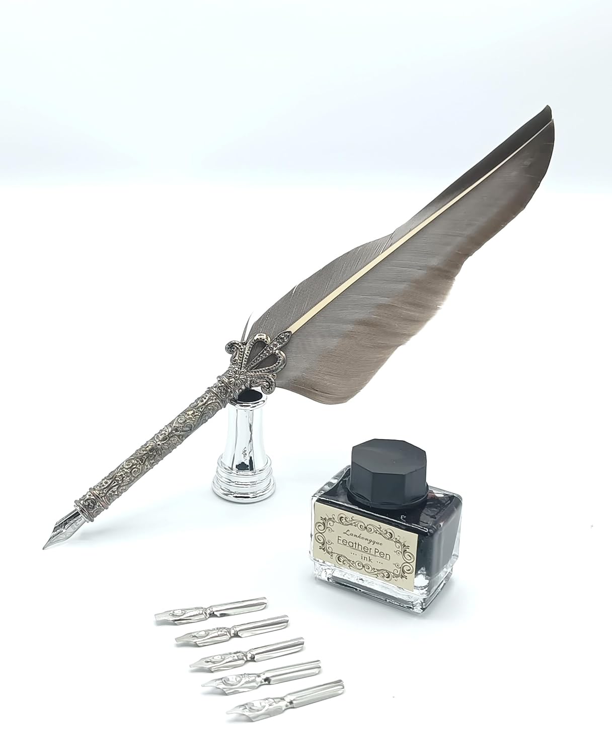 Quill Feather Pen Calligraphy Set – Antique Dip Quill Fountain Pen with 5 Replacement Nibs, 15ml Ink Bottle, Pen Holder & Writing Accessories – Vintage Stationery Gift Box (Grey / Red / Violet / Light Green / Blue)