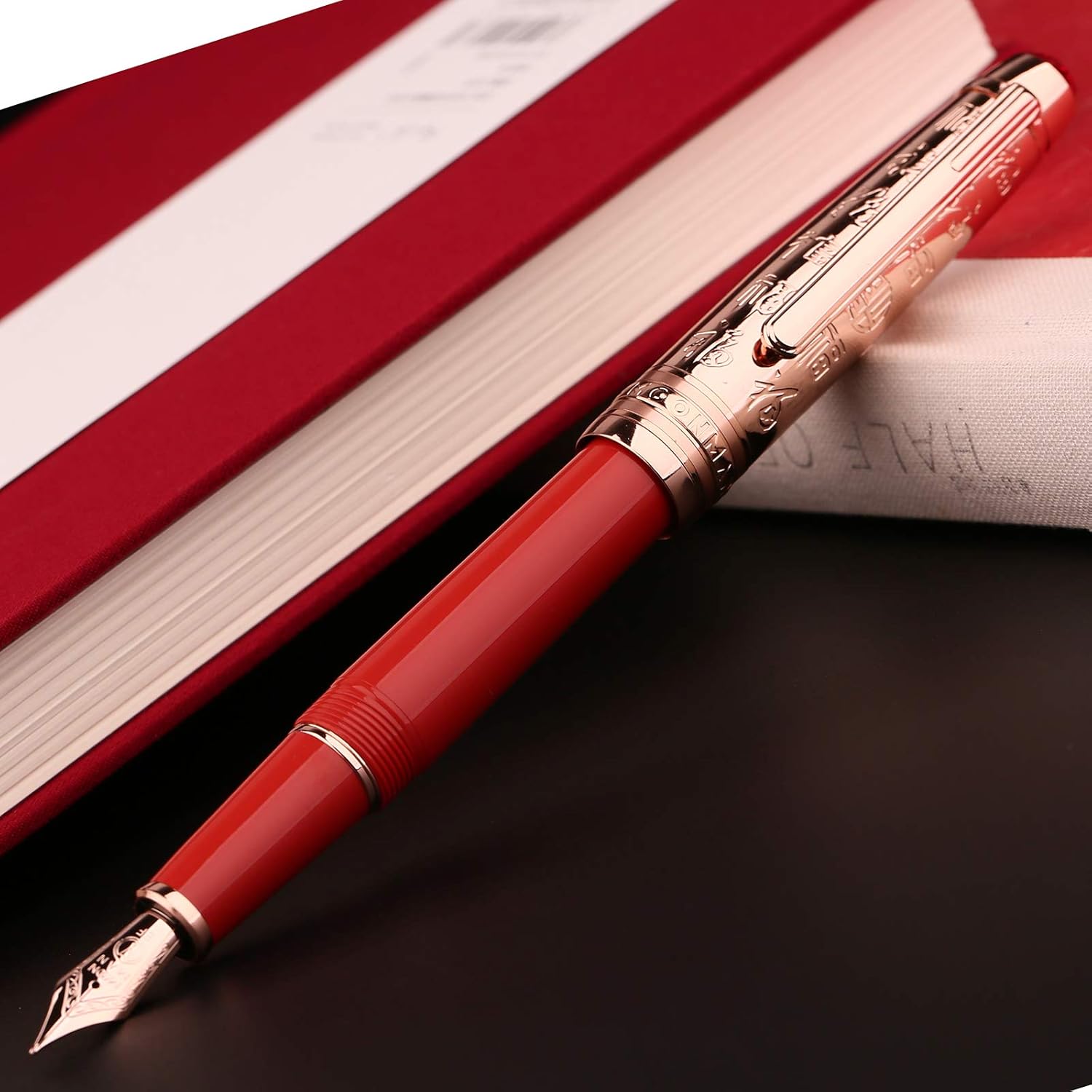 Moonman P135 Vivid Red Resin Fountain Pen Fine Nib, Retro Chinese"Fu" Metal Pen Cap Pearl Top