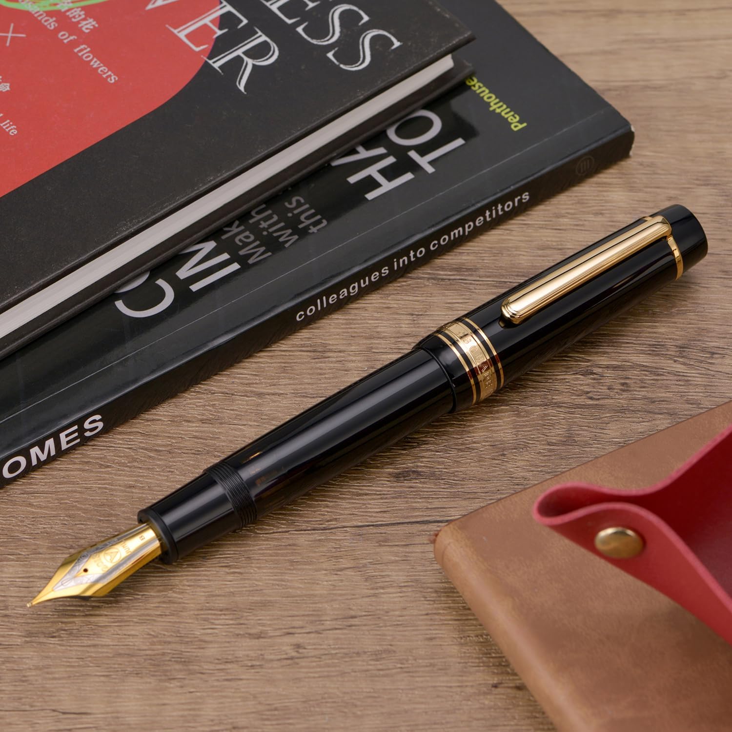 WingSung Junlai 930 Acrylic Fountain Pen – Flat Top Design with Piston Filling System, Size #9 Iridium Nib in Fine, Medium & Broad – Piano Black Fence Ink Tank with Gold Trim (No Ink)