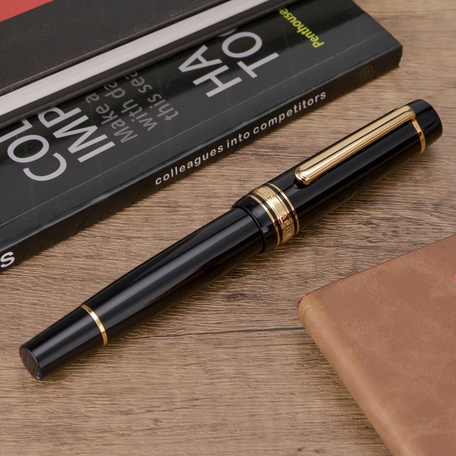 WingSung Junlai 930 Acrylic Fountain Pen – Flat Top Design with Piston Filling System, Size #9 Iridium Nib in Fine, Medium & Broad – Piano Black Fence Ink Tank with Gold Trim (No Ink)