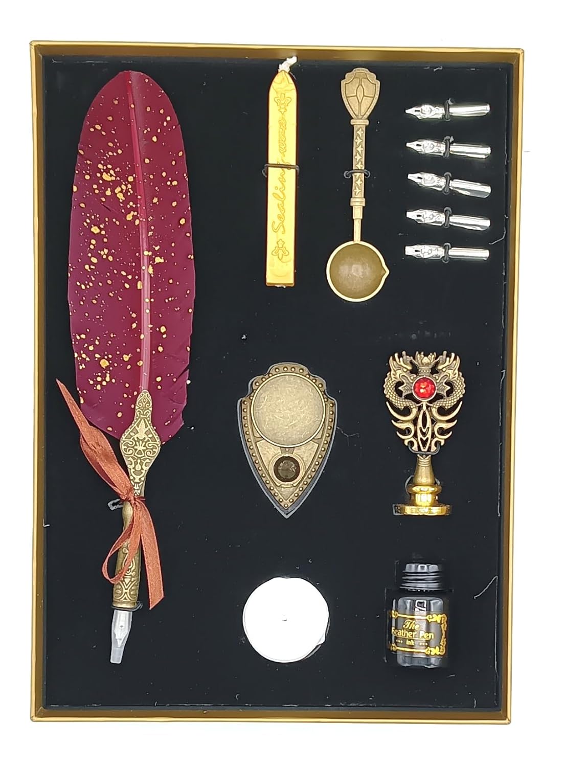 Feather Calligraphy Pen Ink Set – Quill Dip Pen with 5 Nibs, Ink, Wax Seal Stamp Kit & Gift Box (Available in Maroon, Green, Black & White)