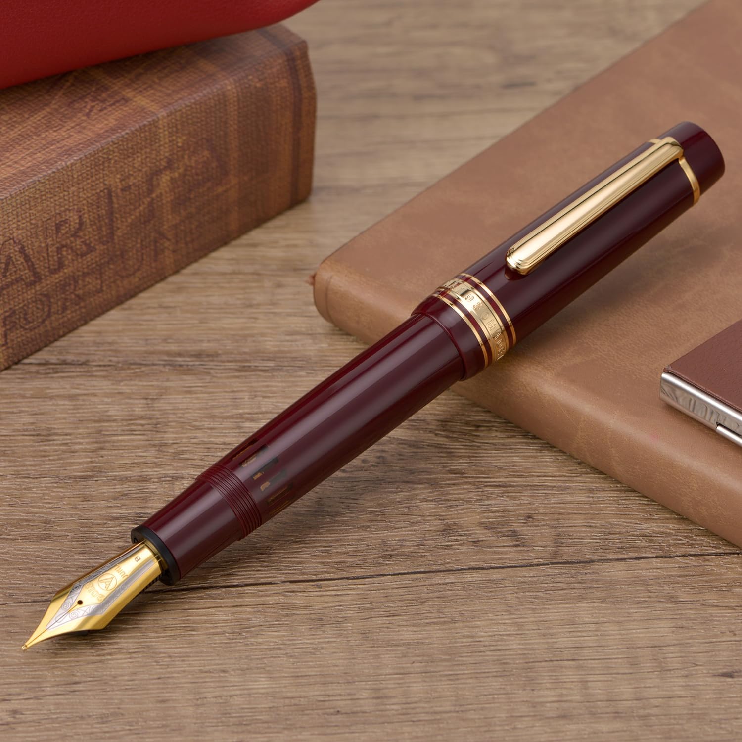 WingSung Junlai 930 Acrylic Fountain Pen – Flat Top Design with Piston Filling System, Size #9 Iridium Nib in Fine, Medium & Broad – Wine Red Fence Ink Tank with Gold Trim (No Ink)