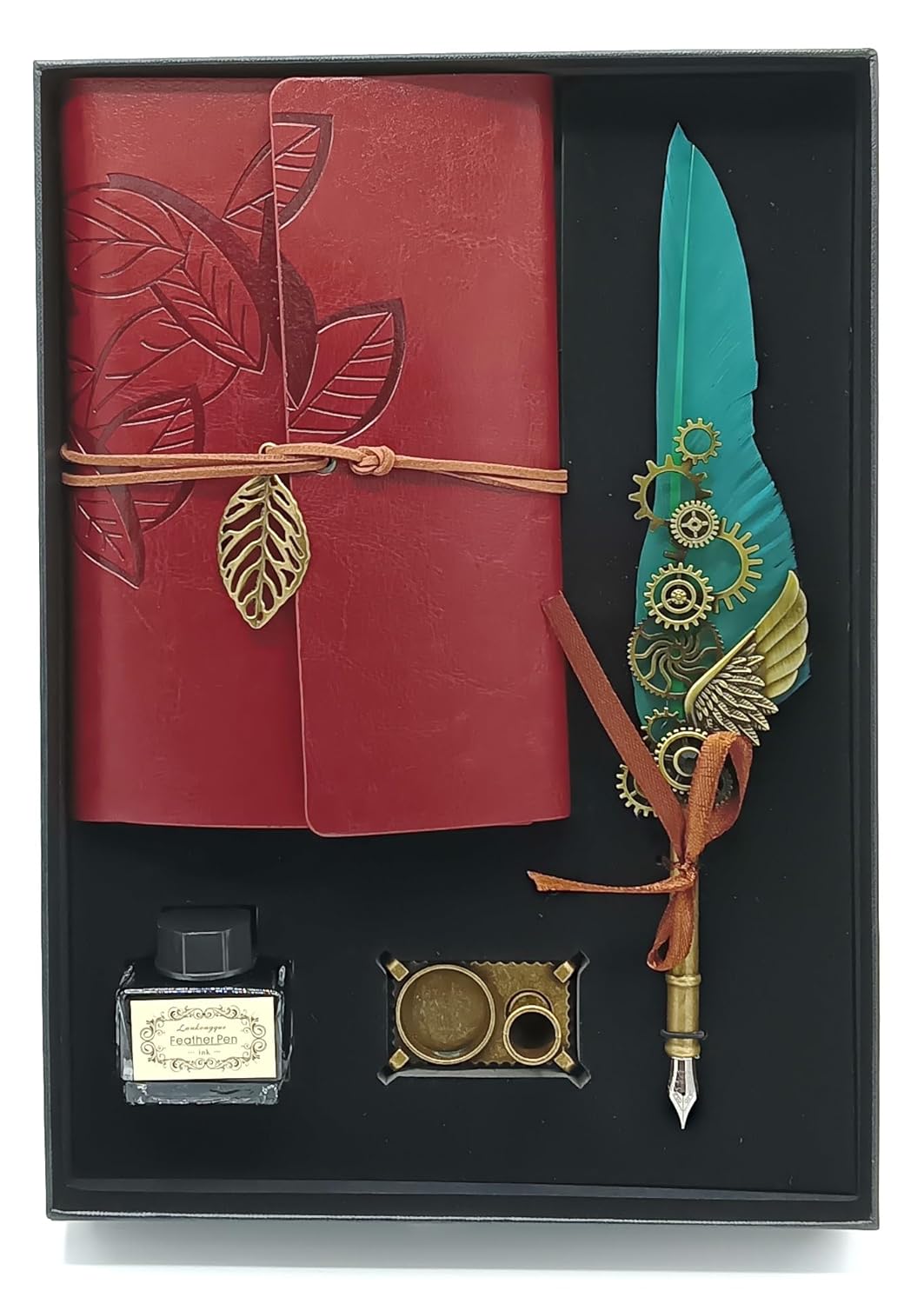 Feather Pen Ink Set – Quill Dip Pen with Leather Notebook, Ink Bottle & Pen Holder, Antique Calligraphy Stationery Gift (Sky Blue / Green)