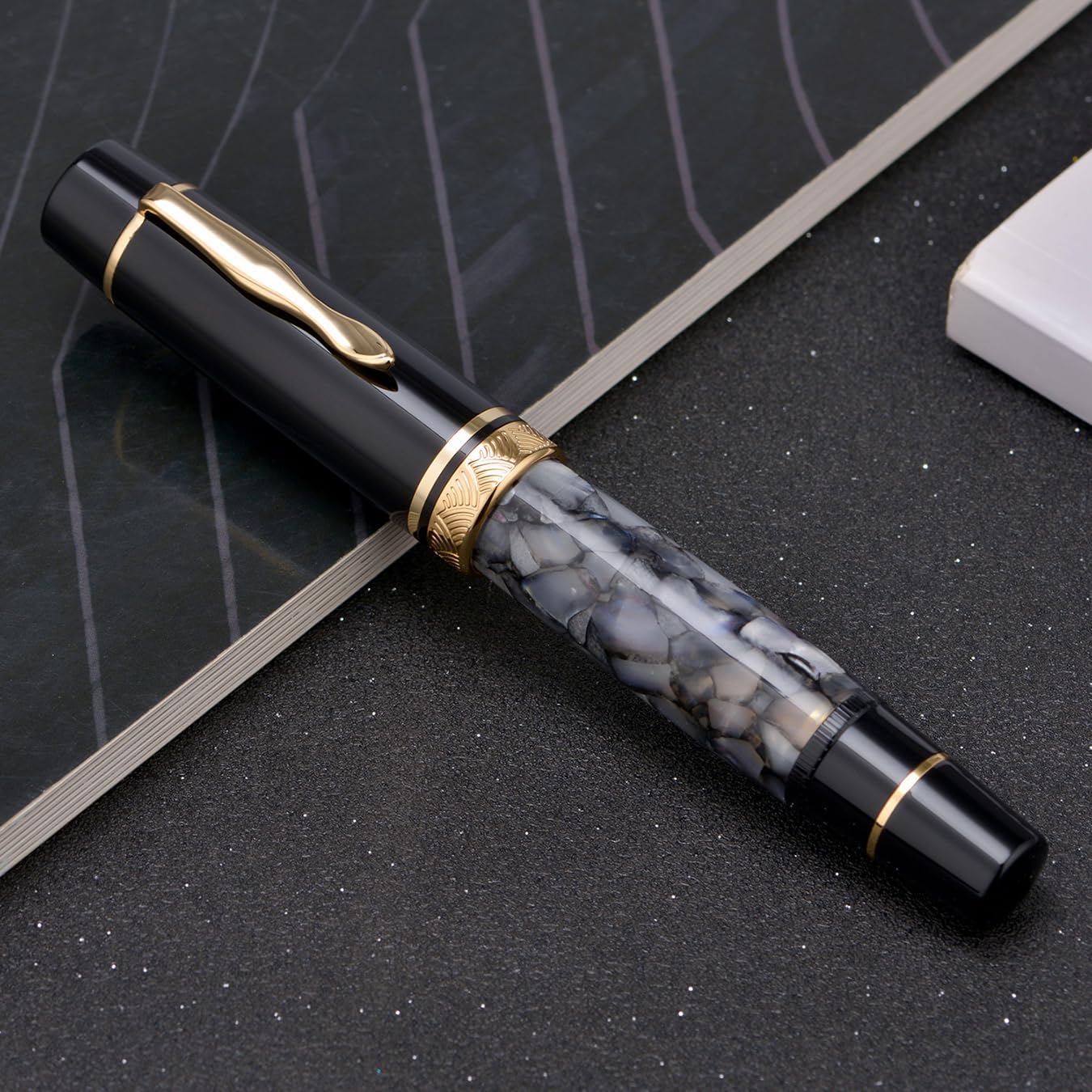 Moonman P139 Piston Fountain Pen No.8 – Fine & Medium Nibs with Box, Gray Marble Acrylic, Large Capacity