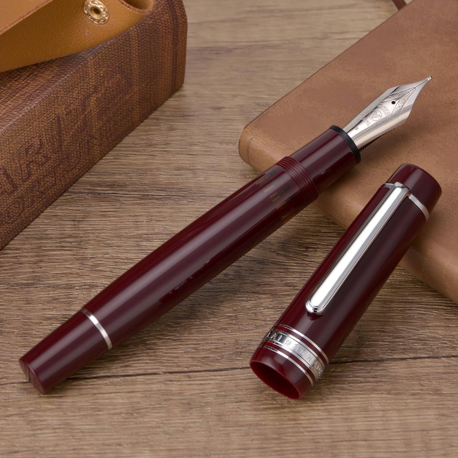 WingSung Junlai 930 Acrylic Fountain Pen – Flat Top Design with Piston Filling System, Size #9 Iridium Nib in Fine, Medium & Broad – Wine Red Fence Ink Tank with Silver Trim (No Ink)