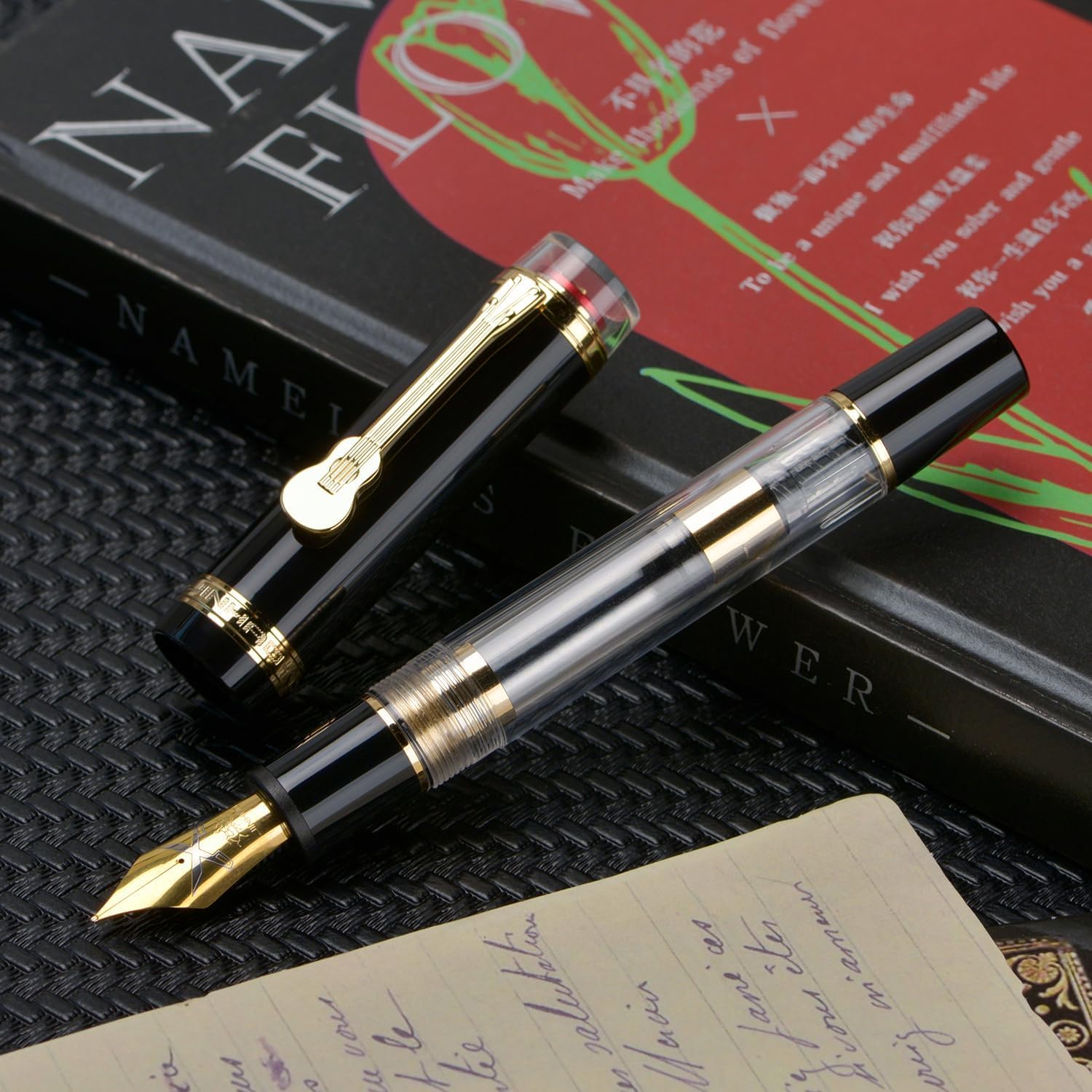 Jinhao 1935 Tiandao Series Fountain Pen – Black & Clear Acrylic Body, Dualtone Medium Nib, Gold Guitar Clip With Large Converter