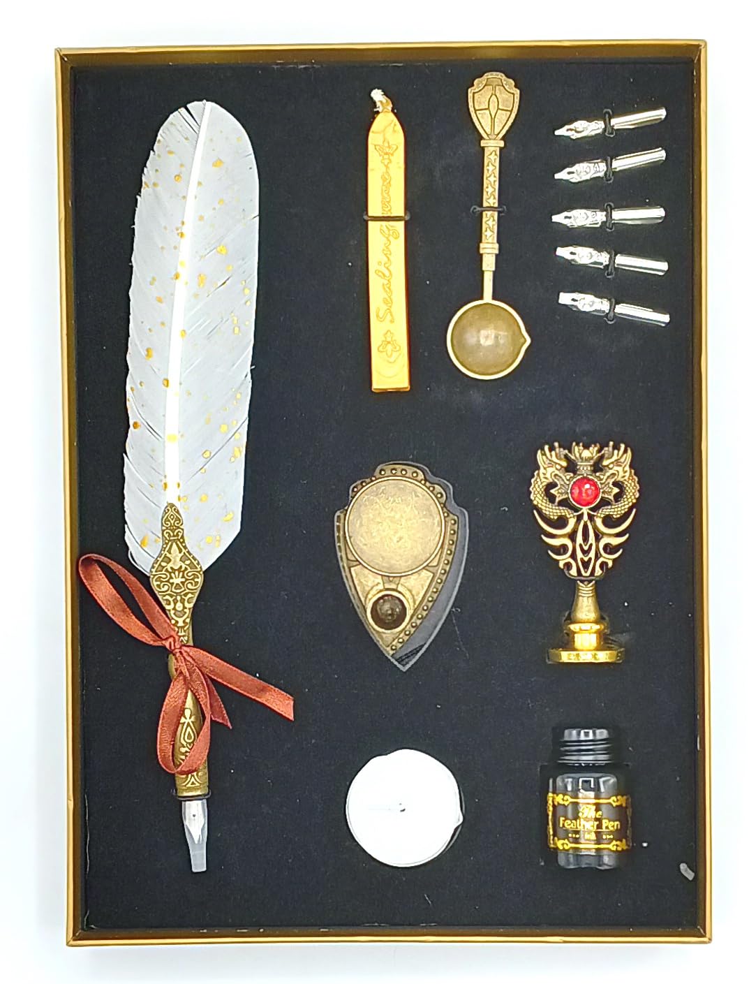 Feather Calligraphy Pen Ink Set – Quill Dip Pen with 5 Nibs, Ink, Wax Seal Stamp Kit & Gift Box (Available in Maroon, Green, Black & White)