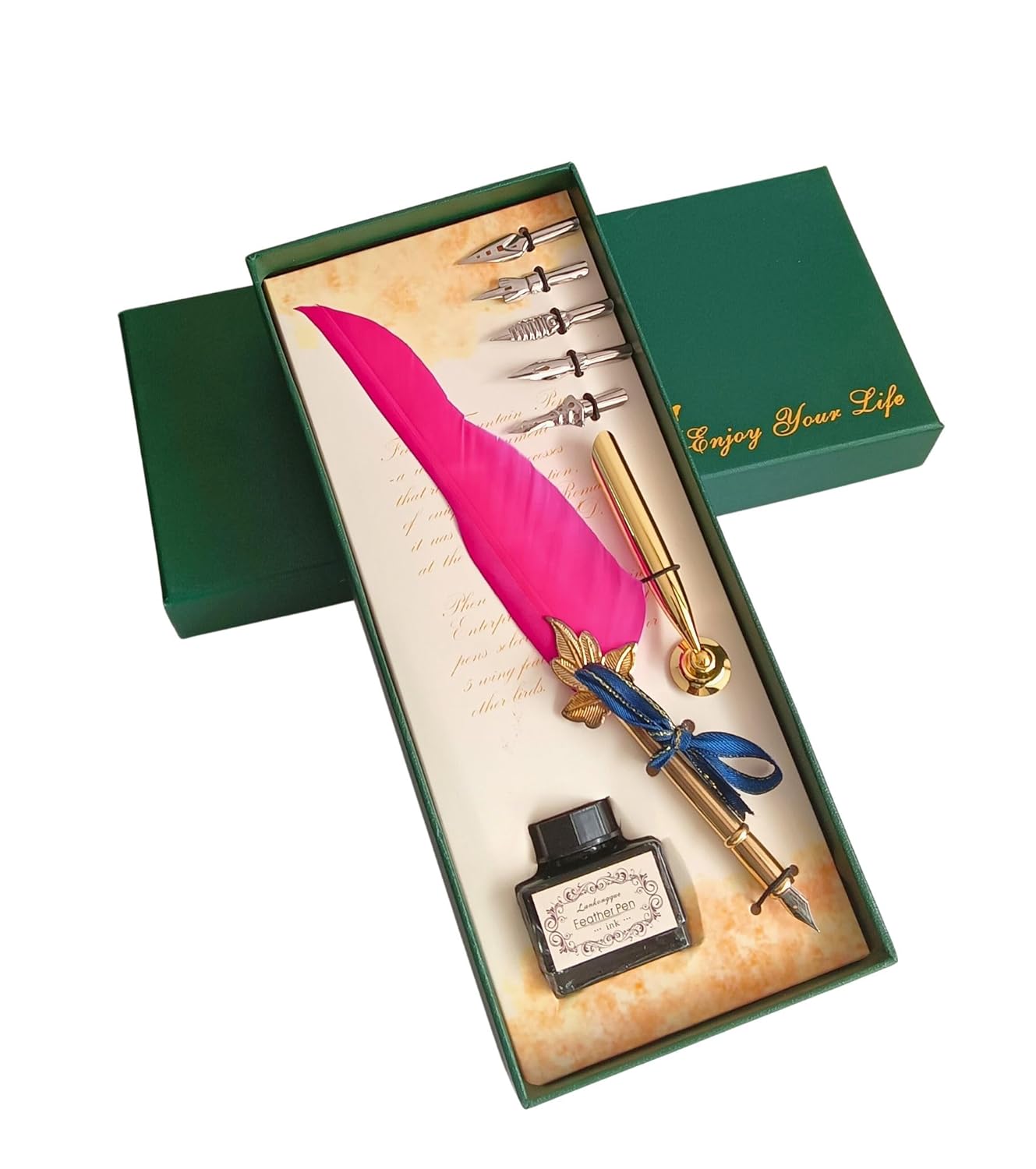 Feather Quill Pen and Ink Set – Antique Calligraphy Dip Pen with 5 Extra Nibs, Vintage Writing & Calligraphy Set